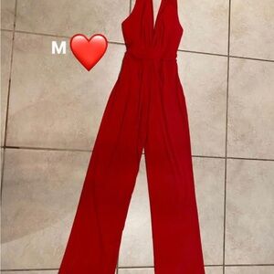 Sleeveless Red Deep V Wide-Leg Jumpsuit